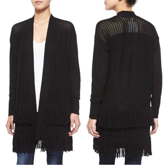Rebecca Taylor Black Wool Fringe Open Knit Open Front Cardigan Sweater Size XS - Picture 1 of 7